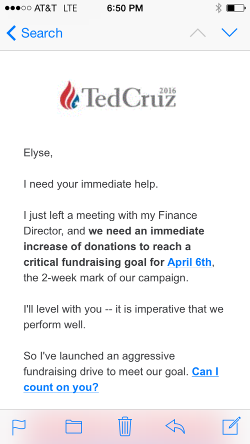 Oh Boy Howdy!  I can work long and hard to support a crazy man from Texas!  Yee-Haw!  (My photo of Ted's email -- eat your heart out, Google Images)